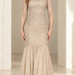 Square Neck Beaded Long Sleeve Mermaid Evening Gown