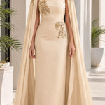 Elegant Evening Dress with Attached Cape & Gold Embroidery