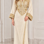 Women's Elegant Gold Embroidered V-Neck Kaftan Maxi Dress