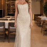 Strapless Corset Beaded Fringe Maxi Evening Gown