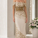Off-Shoulder Beaded Formal Evening Dress with Fringe Detail