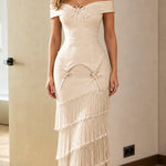 Elegance Tiered Fringe Off-Shoulder Evening Gown