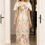 Floral Appliqué Capelet Sheer Sleeve Formal Evening Gown