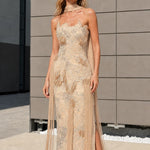 Elegance Beaded Halter Fringe Evening Gown