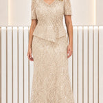 Sequined Embroidered Peplum Evening Gown with Short Sleeves