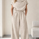 Women's Cowl Neck Short Sleeve Top and Wide Leg Sweatpants Loungewear Set