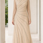Long Sleeve Beaded Tulle Evening Maxi Gown