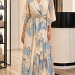 Floral Chiffon V-Neck Maxi Dress with Embellished Waist and Flutter Sleeves