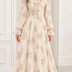 Floral Print Ruffled High-Neck Maxi Dress with Long Sleeves and Pearl Trim