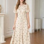 Vintage Floral Bow-Front A-Line Midi Dress with Puff Sleeves