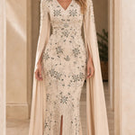 Embellished Cape Sleeve Evening Gown with Front Slit