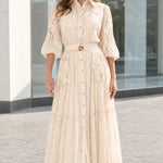 Floral Lace Button-Down Shirt Midi Dress with Ornate Buckle Belt