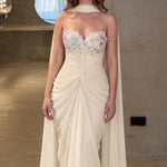 Floral Applique Sweetheart Evening Gown with Draped Cape Scarf