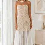 Strapless Embroidered Lace Drop Waist Maxi Dress
