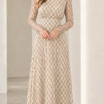 Elegant High Neck Geometric Pattern Long Sleeve Maxi Dress
