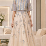 Floral Embroidered Beaded Flutter Sleeve Tulle A-Line Evening Gown