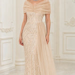 Off-the-Shoulder Sequin Evening Gown with Draped Bodice and Side Tulle Train