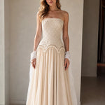 Strapless Beaded Corset Evening Gown with Scalloped Fringe & Chiffon Skirt