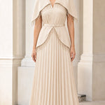 Elegant Beaded Capelet Pleated Maxi Evening Dress