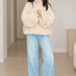 Women's Chunky Cable Knit Turtleneck Sweater Oversized Lantern Sleeve Pullover