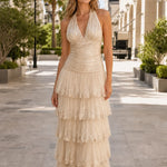 Halter Neck Ruched Bodice Tiered Sequin Tulle Maxi Evening Gown