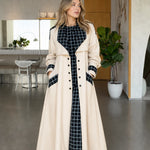 Contrast Plaid Trim Maxi Trench Coat with Buttoned Cuffs and Flap Pockets