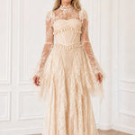Long Sleeve Lace Corset Maxi Dress with Tassel Fringe and Cutout Back