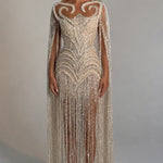Luminous Beaded Fringe Cape Evening Gown