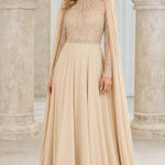 Elegant Beaded High-Neck Chiffon Evening Gown with Cape Sleeves