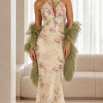Floral Sequin Embroidered Halter Neck Mermaid Evening Gown