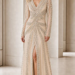 Elegant Beaded Long Sleeve V-Neck Evening Gown with Front Slit