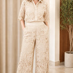 Women's Elegant Lace Button-Down Shirt and Wide-Leg Pants Set
