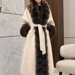 Women's Elegant Faux Fur Trim Belted Long Wool-Blend Overcoat