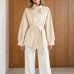 Women's High Neck Belted Short Trench Jacket with Lantern Sleeves