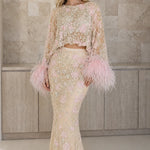 Embellished Two-Piece Feather Trim Crop Top and Maxi Skirt Set