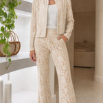 Floral Lace Two-Piece Pant Suit Set with Stand Collar Jacket and Flare Trousers