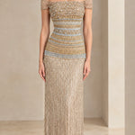 Off-the-Shoulder Beaded Fringe Column Evening Gown