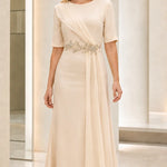 Elegant Beaded Waist Draped Short Sleeve Maxi Evening Dress