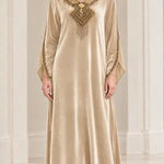 Women's Embroidered Velvet Kaftan Maxi Dress with Beaded Fringe V-Neck