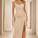 Strapless Shimmer Draped Evening Gown with Slit