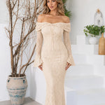 Off-the-Shoulder Floral Lace Mermaid Maxi Dress with Bell Sleeves