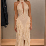 Elegance Halter Neck Beaded Ruffle Maxi Dress