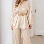 Women's Embroidered Satin Kaftan Top and Wide-Leg Pants Two-Piece Set