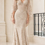 Floral Lace Cape Sleeve Mermaid Evening Gown with Corset Bodice