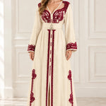 Embroidered Moroccan Kaftan V-Neck Belted Maxi Dress