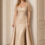 Sequin Beaded Evening Gown with Fringe Tassel Sleeves and Satin Overskirt Train