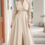 Lace-Sleeve Trench Maxi Coat Dress with Matching Belt