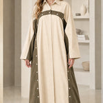 Colorblock Button Accent Maxi Shirt Dress Modest Long Sleeve Kaftan