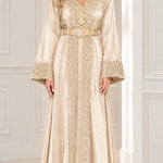 Elegant Embroidered Satin Kaftan Maxi Dress with Ornate Belt