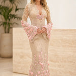 3D Floral Appliqué Lace Mermaid Evening Gown with Bell Sleeves